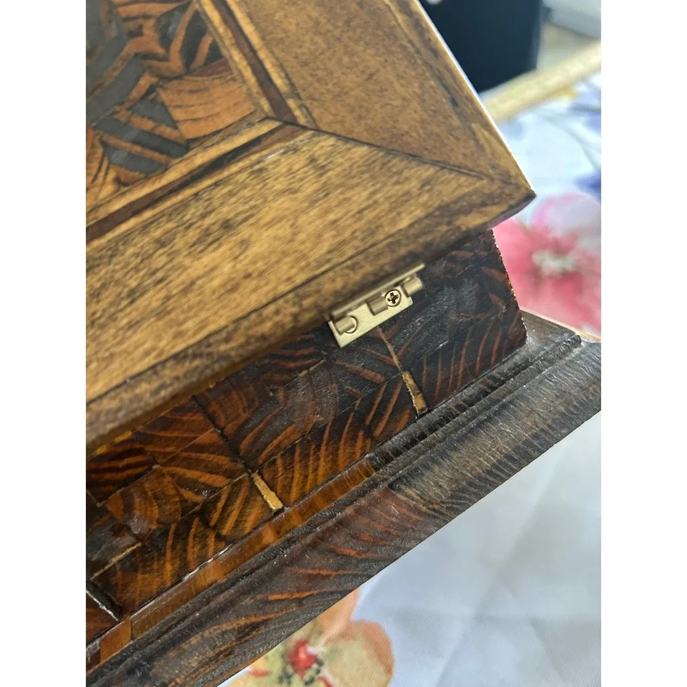 Vintage Handcrafted Parquetry Wood Jewelry Box with Mirror Ring Rolls Signed